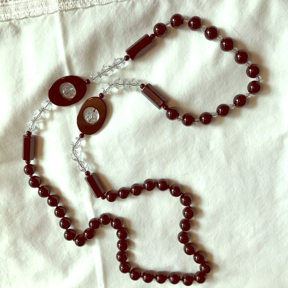 Modern 34” black glass&crystal necklace NICE!